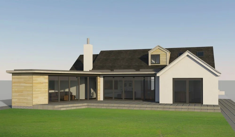 A modern house with a mix of white and wooden exterior, large glass sliding doors, and a sloped roof with a dormer window, set on a grassy lawn with a clear sky above.