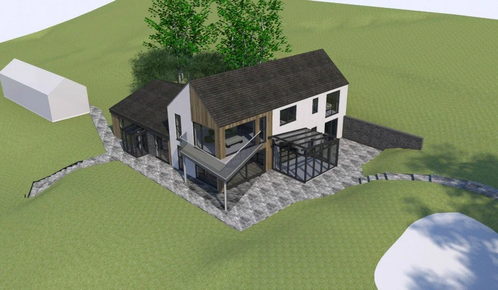 A modern two-story house with a gray roof, large windows, and an outdoor patio, surrounded by green grass and trees.