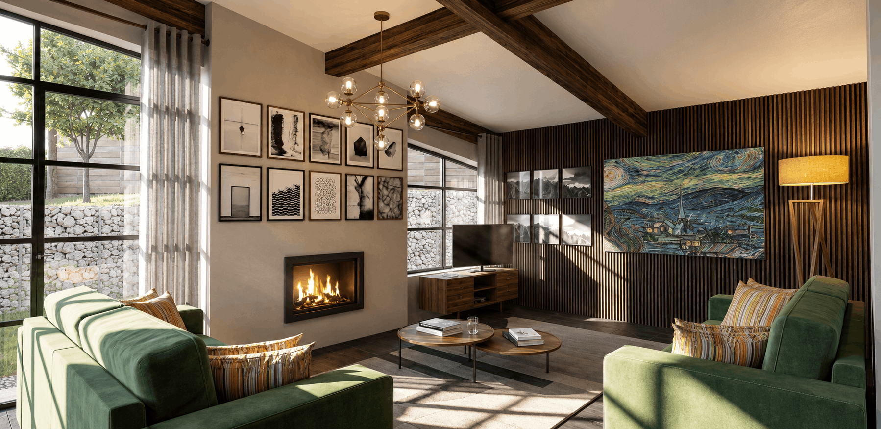 Living room with large windows, green sofas, a fireplace, wall art, and a wooden ceiling