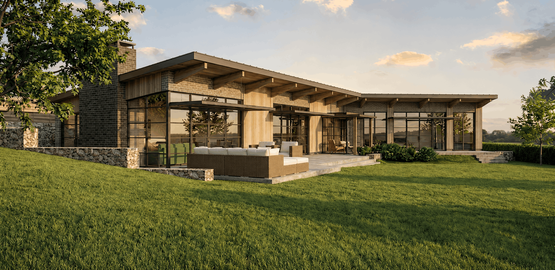 Modern house with large glass walls and outdoor seating area, surrounded by green lawn and trees, under a partly cloudy sky.