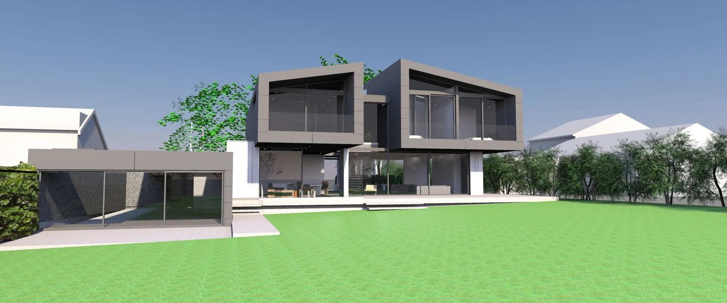 Modern two-story house with large windows, surrounded by trees and a spacious green lawn.