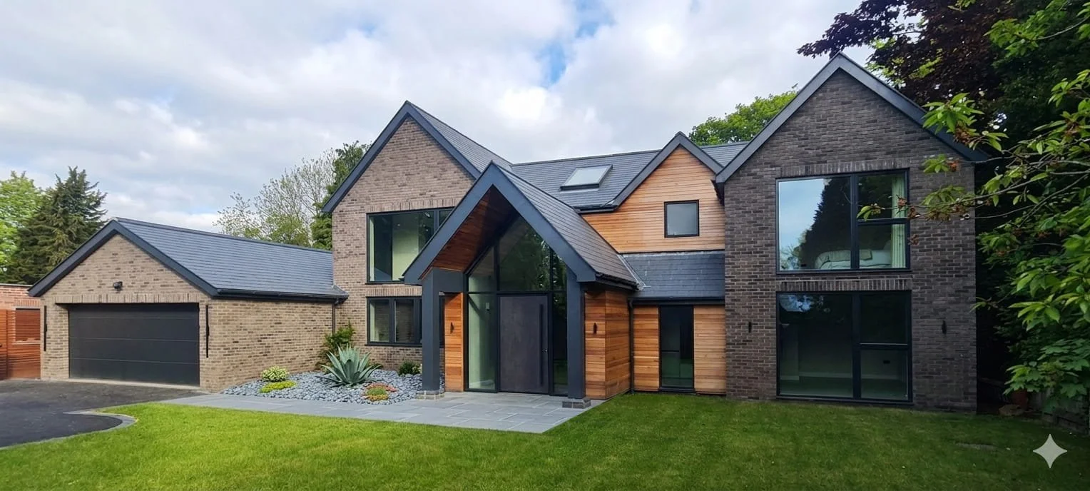 Modern house with a mix of brick, wood, and glass exterior, surrounded by green lawn and trees, under a cloudy sky.