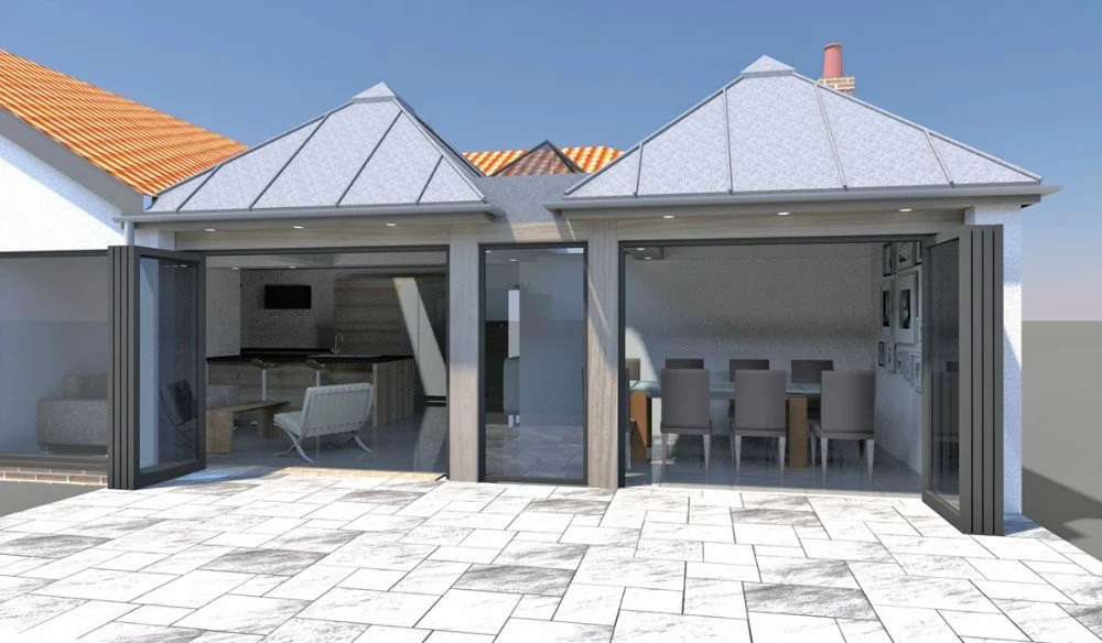 Exterior view of a modern patio with glass doors, showing a sitting area and a dining area inside the enclosed space.