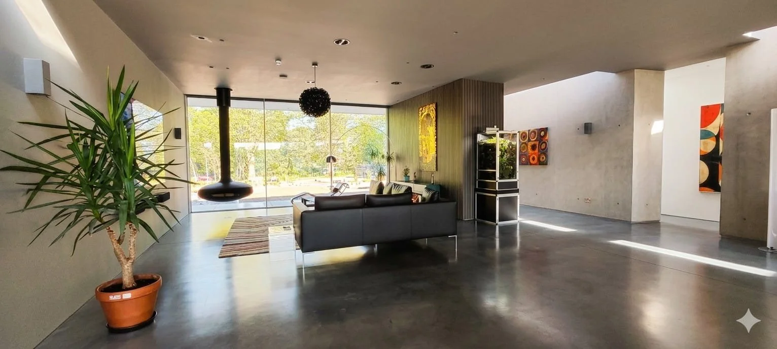 Modern living room with large glass windows, potted plant, black fireplace, black leather sofa, and colorful artwork.