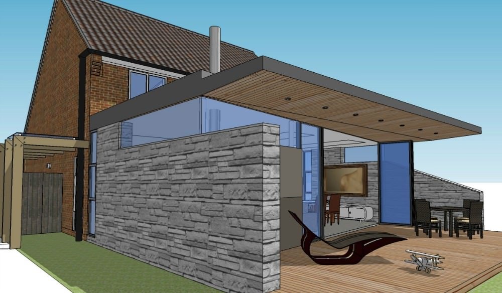 Architectural render of a modern house with outdoor deck, stone wall, glass windows, and patio furniture.