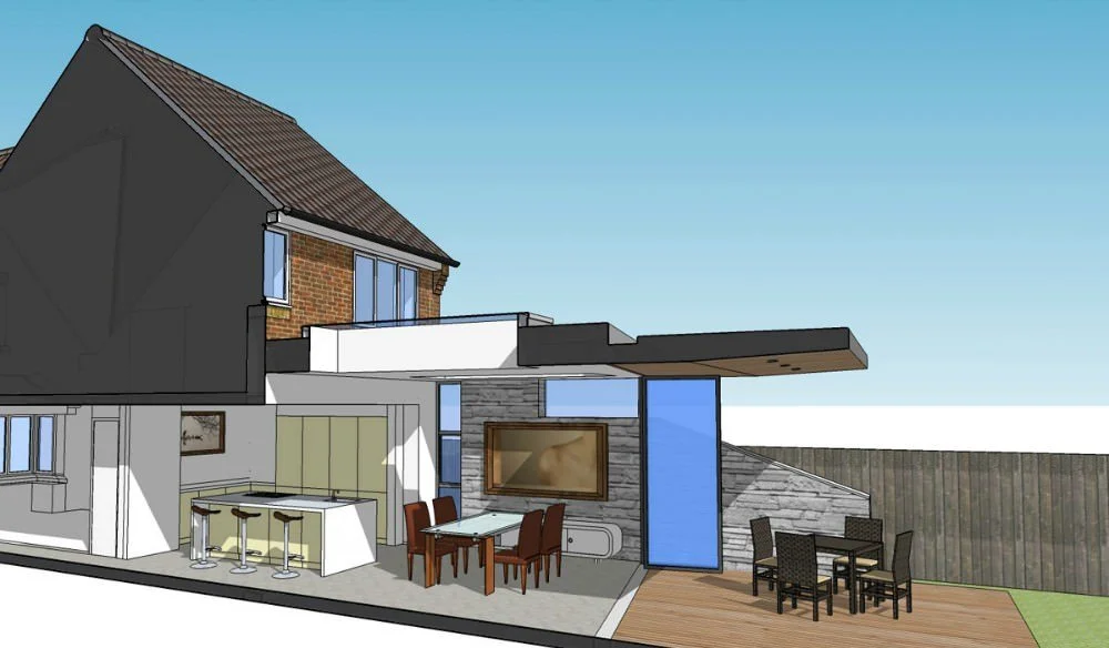 Rendering of a modern house with indoor and outdoor living spaces, including a kitchen area with a breakfast bar, a dining area with a table and chairs, and an outdoor patio with a table and chairs, featuring a combination of brick, wood, and stone exterior finishes.