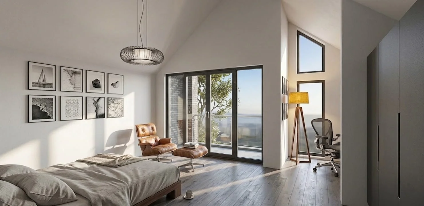 Modern bedroom with large glass sliding door leading to balcony; white walls decorated with nine framed black-and-white art pieces; tan leather lounge chair near the window; gray bed with pillows; tall wooden floor lamp with yellow lampshade; office 