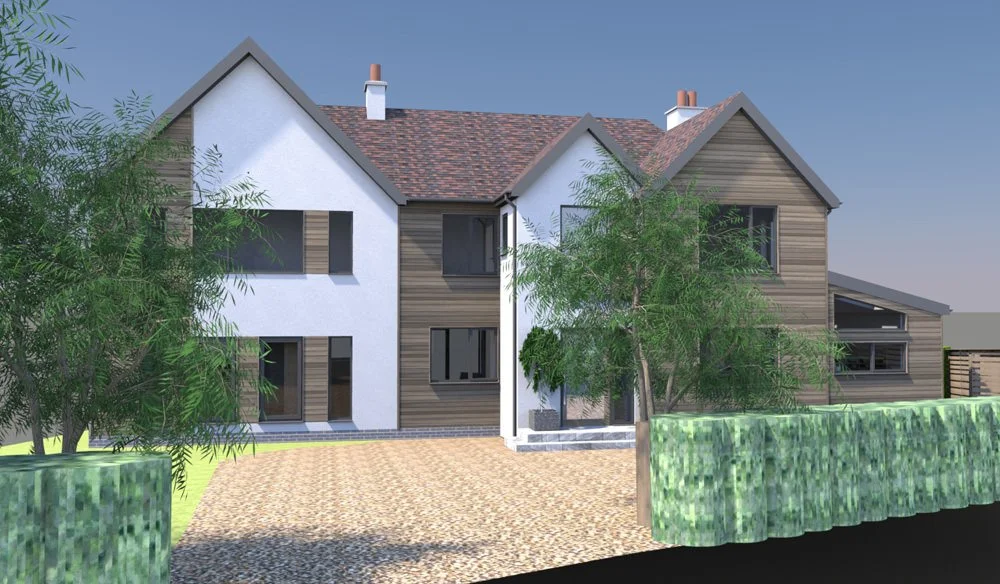 A modern two-story house with a mix of white and wood exterior, multiple windows, a sloped roof with chimneys, surrounded by trees and a paved driveway.