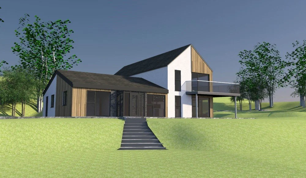 Modern house with a combination of wood and white exterior, large glass windows, a balcony, and surrounded by trees on a grassy hill.