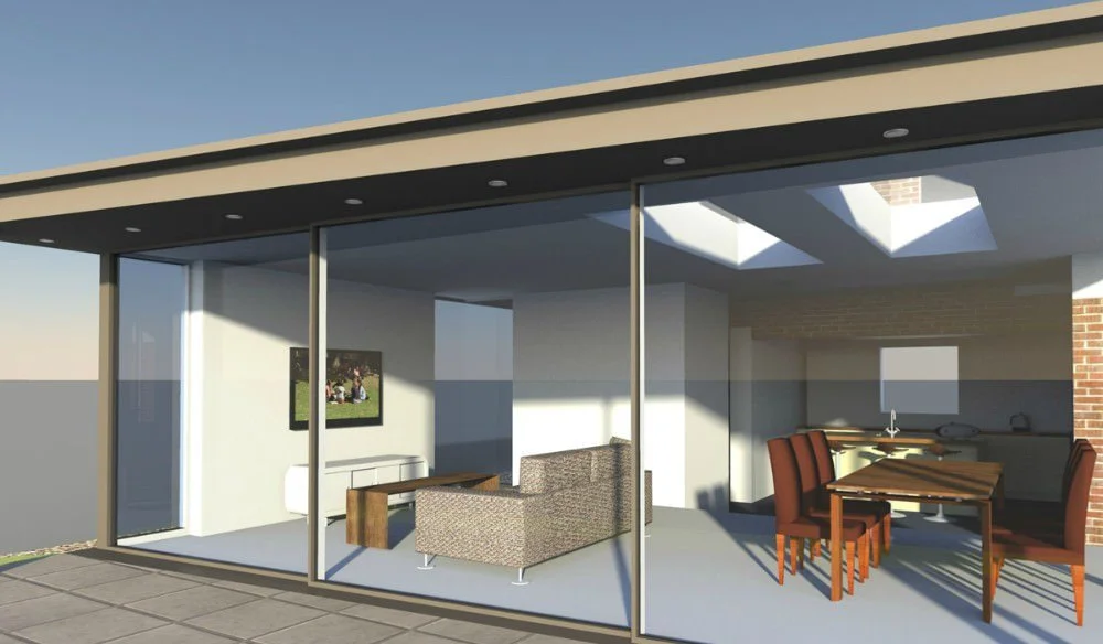 Modern house with large glass windows showing a living room and dining area inside, outdoor patio with tiled floor.