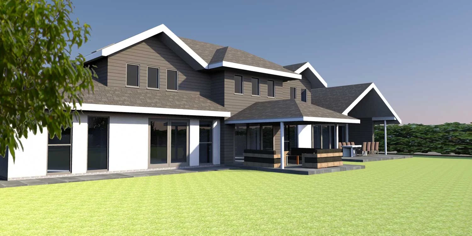 3D rendering of a modern two-story house with gray and white exterior, large windows, a covered patio with outdoor seating, and a well-maintained lawn.