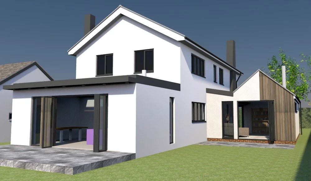 Modern two-story house with white exterior, large windows, and a small attached wooden structure, surrounded by a grassy yard.