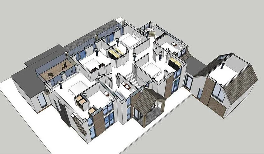 3D floor plan of a modern house showing multiple bedrooms, bathrooms, kitchen, and living areas.