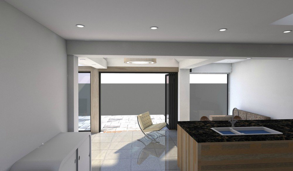 Modern living room with large sliding glass doors leading to an outdoor patio, kitchen island with granite countertop, and minimal decor.