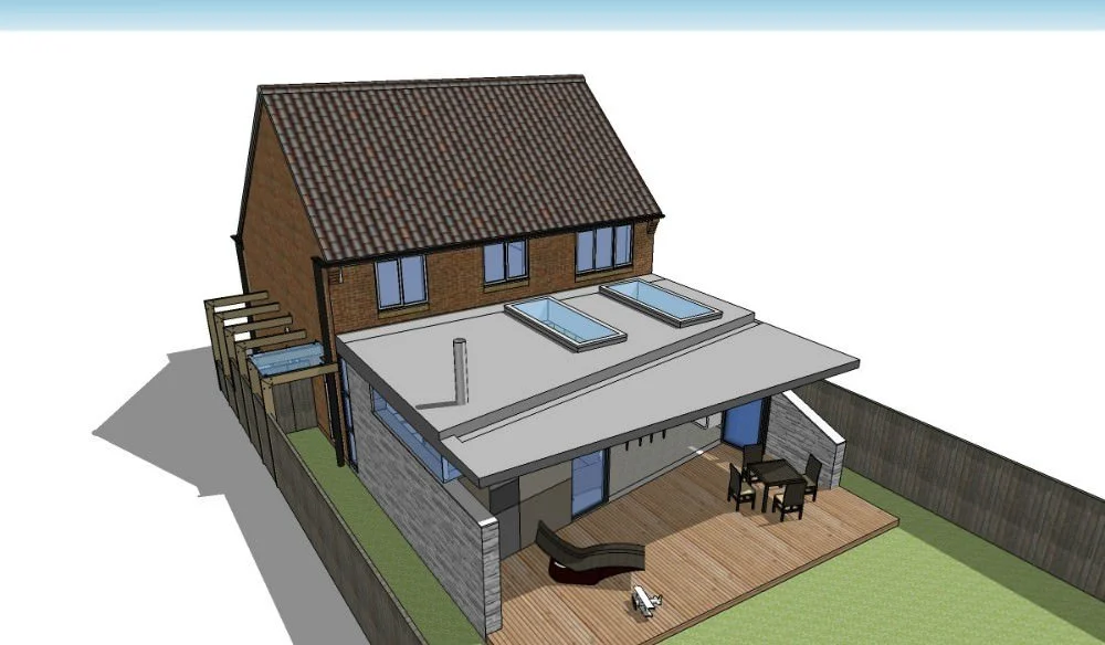 3D rendering of a house with a brick upper floor, skylights on the roof, a rooftop terrace with a hot tub, and an outdoor wooden deck with furniture, enclosed by wooden fences.