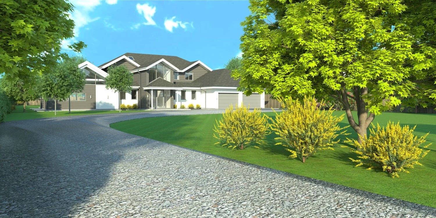 A spacious house with a curved stone driveway, lush green lawn, and vibrant trees and bushes under a bright blue sky.