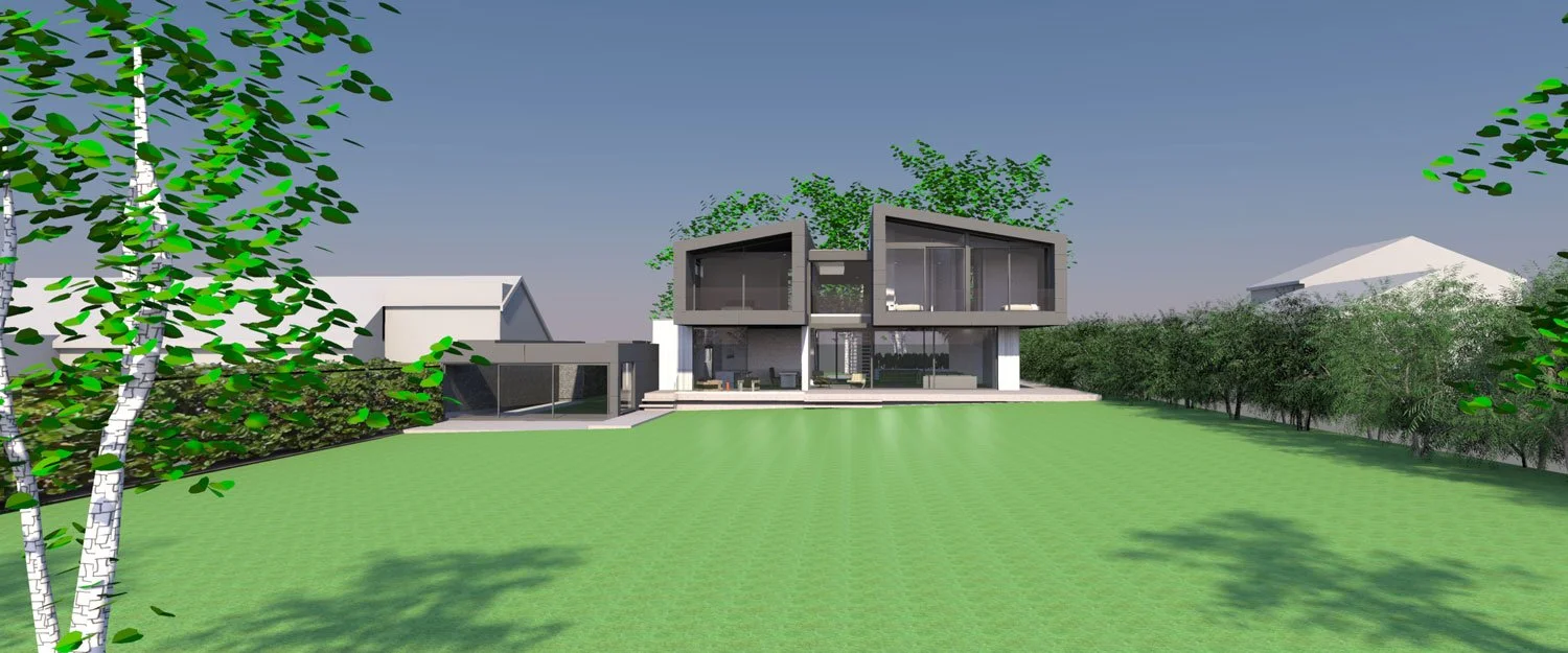 Digital rendering of a modern two-story house with large glass windows, surrounded by green grass and trees in a spacious backyard.