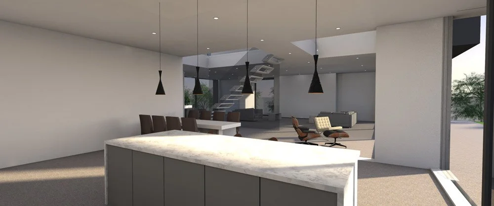 Modern open-plan living space with kitchen island, dining area, and seating area with sliding glass door to outside.