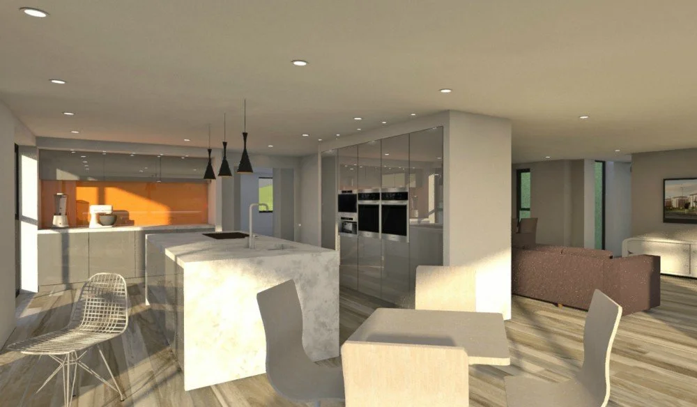 Open-concept modern kitchen and living room with dining area, white and gray color scheme, and contemporary furniture.