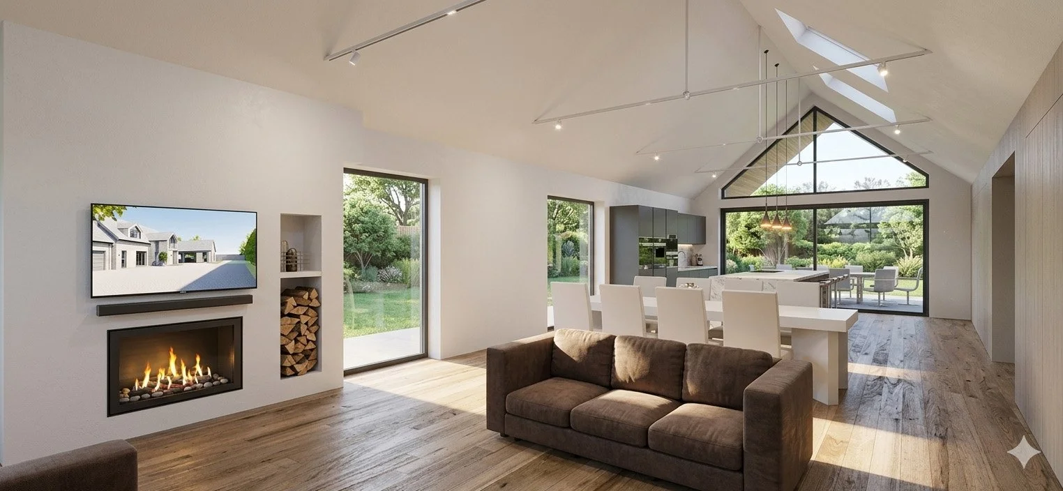 Open-concept living and dining area with large windows, wooden floors, fireplace, and modern furniture.