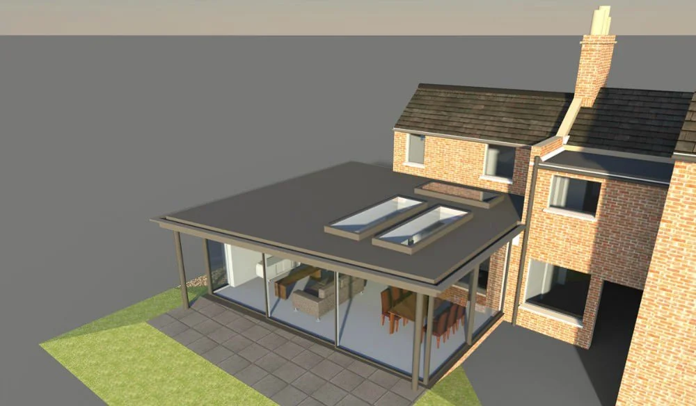 3D rendering of a two-story brick house with a modern glass extension on the lower level, featuring a patio, large windows, and skylights on the roof.