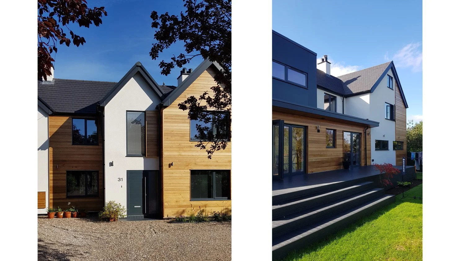 Comparison of two modern houses with different exterior designs and landscaping.