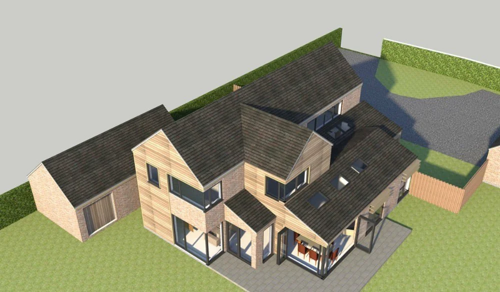 A 3D rendering of a modern house with multiple gabled roofs, large windows, a wooden exterior, and a paved patio area surrounded by a grassy yard and fenced garden.