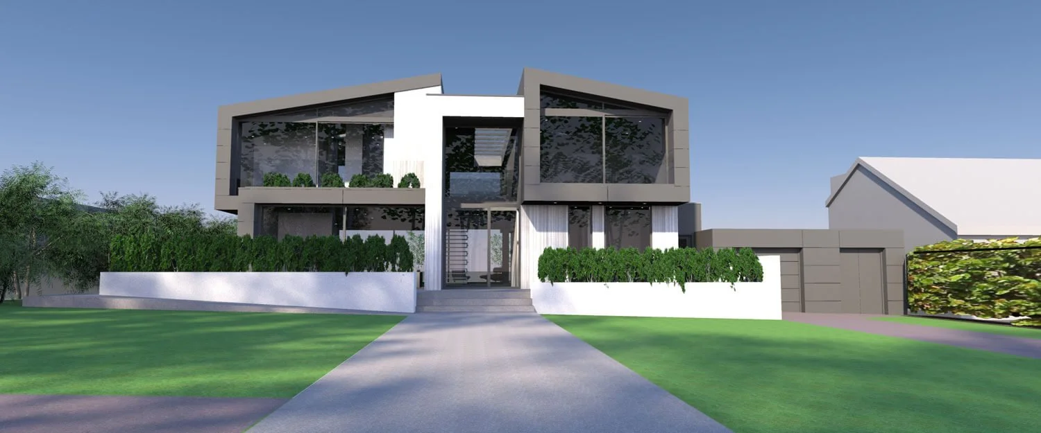 Modern two-story house with large glass windows, surrounded by a green lawn and trimmed bushes, with a driveway leading to the entrance.