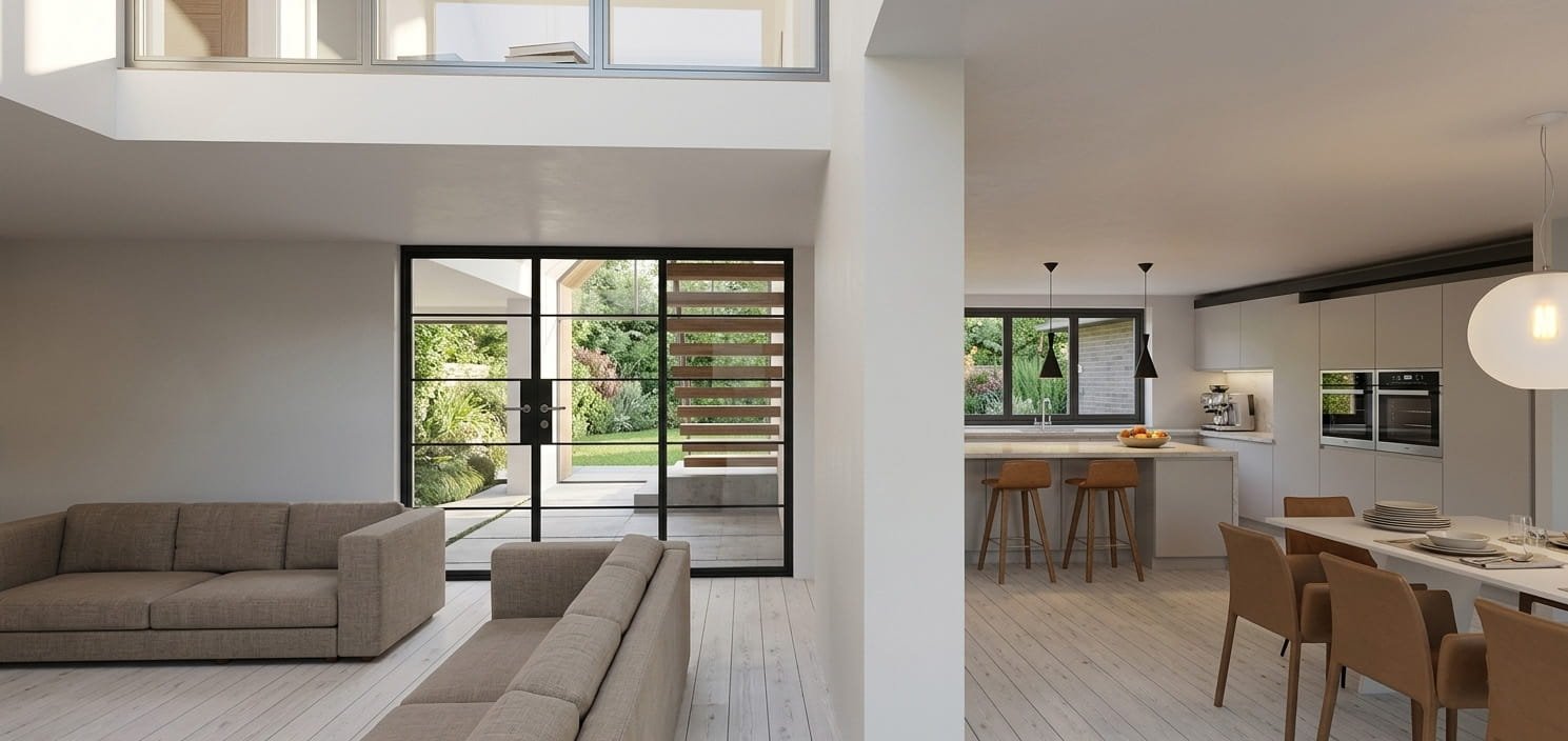 Modern open-concept living room and kitchen with neutral tones, wood flooring, beige sofas, bar stools, and large glass doors leading to an outdoor garden.