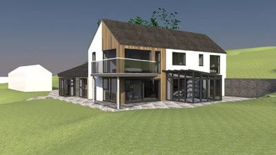 A modern two-story house with large glass windows and a wooden balcony, situated on a grassy hill under a cloudy sky.