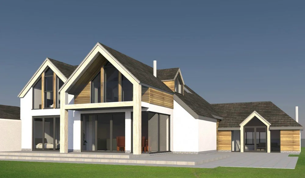 Modern house with multiple gabled roofs, large windows, and a combination of white and natural wood exterior, with a paved patio and green lawn.