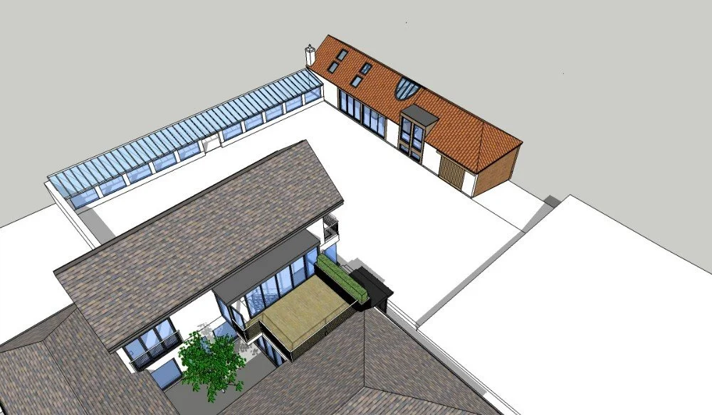 Digital 3D rendering of a modern residential property with multiple buildings, patios, and a glass-covered outdoor area.