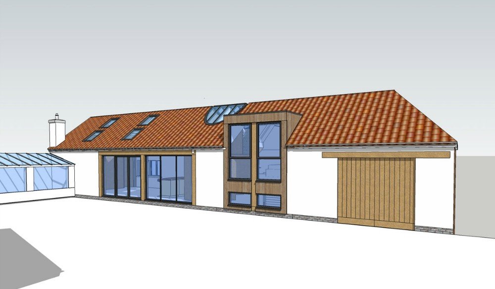 A digital rendering of a modern two-story house with a red tiled roof, large windows, a wooden garage door, and a glass conservatory on the left side.