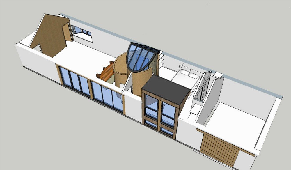 3D floor plan of a compact apartment with a bedroom, bathroom, living area, and large windows.