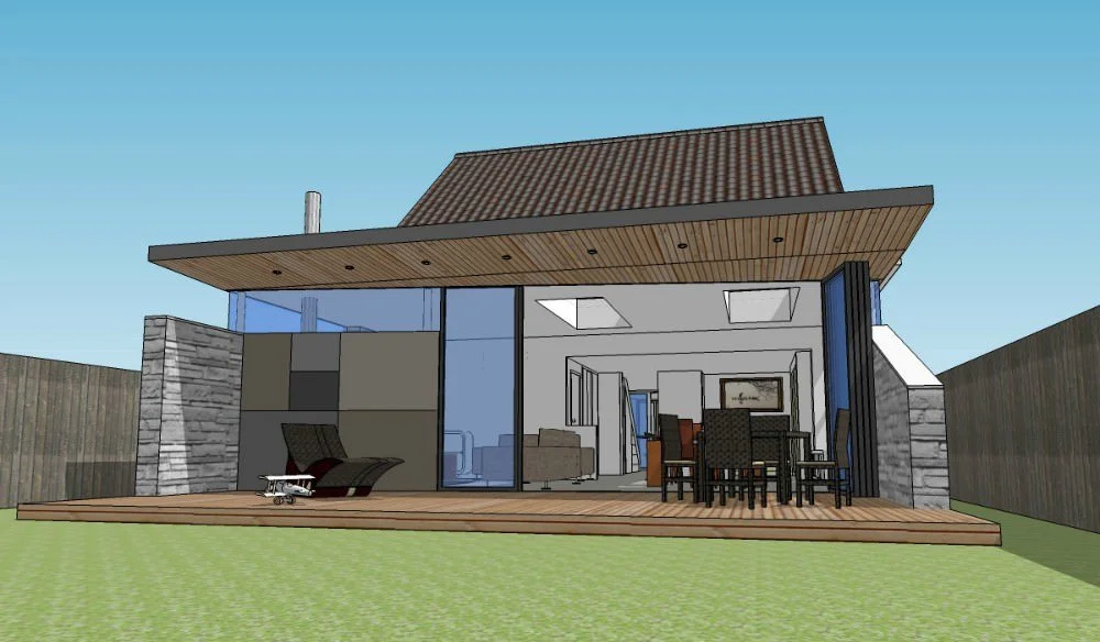 Architectural rendering of a modern house with a wooden deck, large glass windows, stone accents, and outdoor seating.