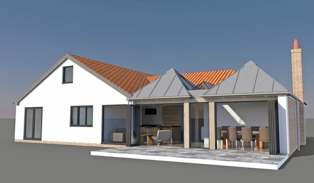 A modern house with a sloped orange tile roof and a brick chimney, featuring large windows and an open patio with dining and living areas.