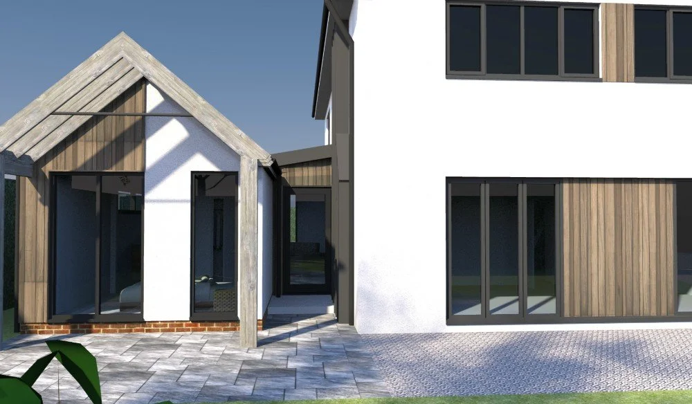Modern house with a mix of white and wooden exterior walls, large glass sliding doors, and a grey paver patio.