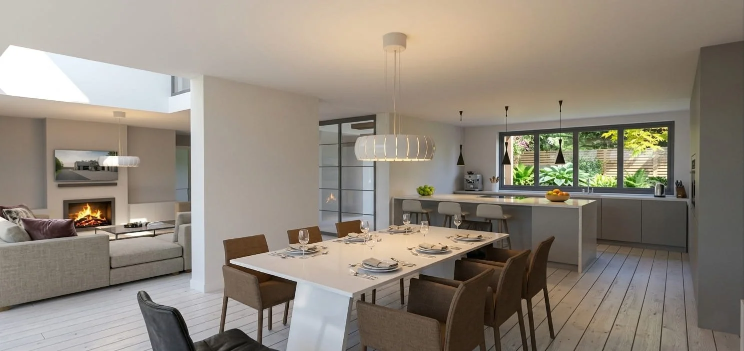 Open-concept living and dining area with a kitchen, dining table set for eight, and a living room with a couch and fireplace.