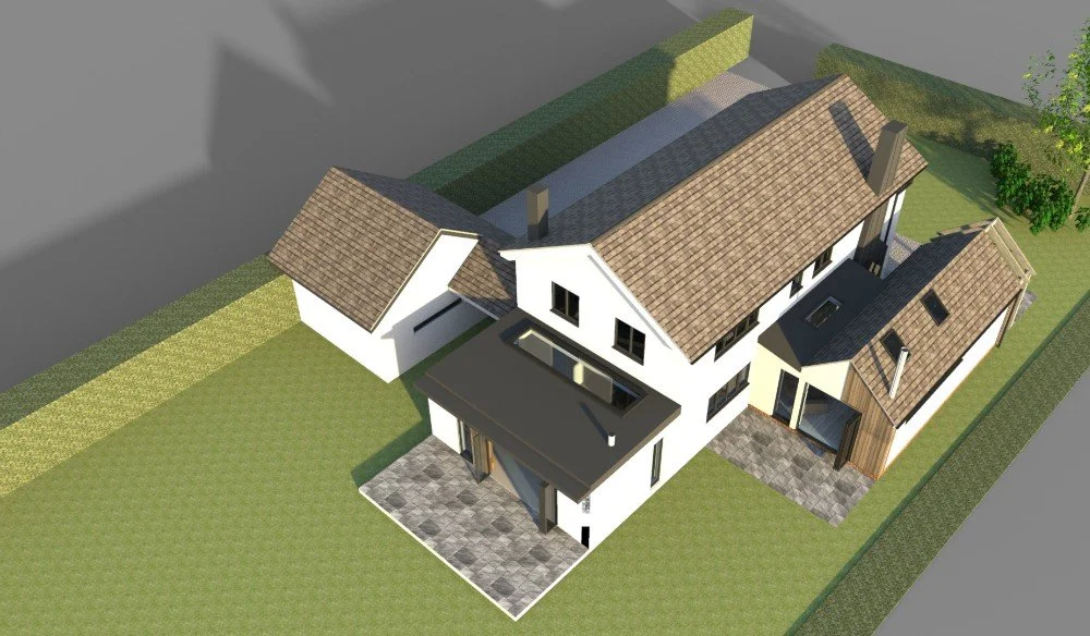 A 3D model rendering of a modern two-story house with a brown tiled roof, white exterior walls, and multiple windows, surrounded by a fenced yard with grass and paved walkways.