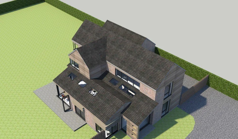 A modern two-story house with a dark brown roof, large glass windows, brick and wood exterior, surrounded by a grassy yard and a gravel driveway.