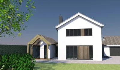 A modern two-story house with a white exterior, large windows, and a wooden accent wall, with a small wooden porch on the left side and a brick chimney, surrounded by a green lawn and shrubbery, under a clear blue sky.