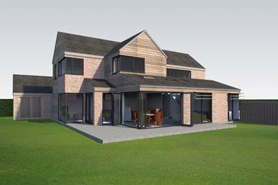Two-story house with brick and wooden exterior, covered porch, and a well-maintained lawn.
