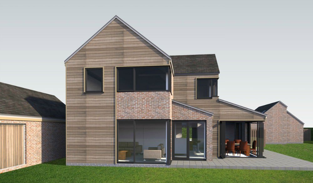 A modern two-story house with a combination of brick and wood siding, large windows, and a patio with outdoor dining furniture.