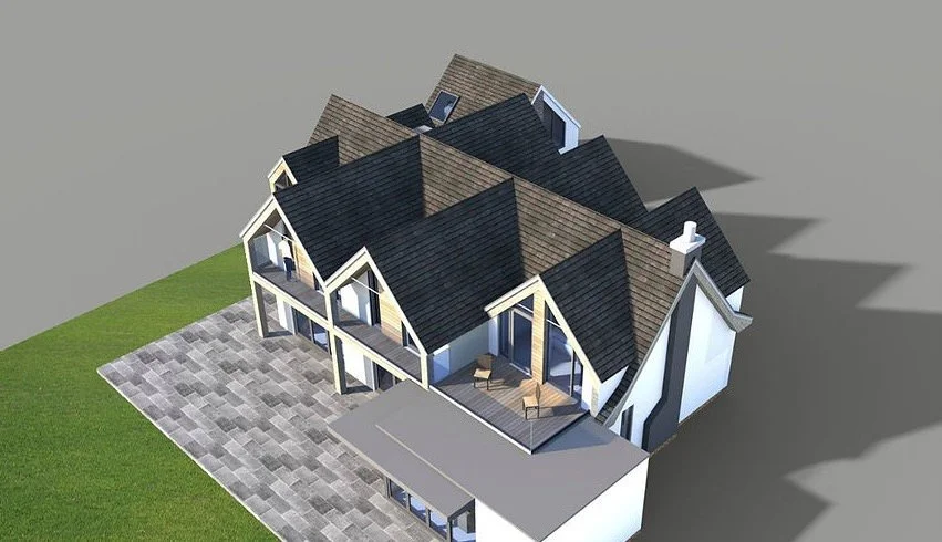 3D rendering of a modern house with multiple rooflines, large windows, and a small outdoor patio with two chairs, situated on a tiled area with a grassy lawn.