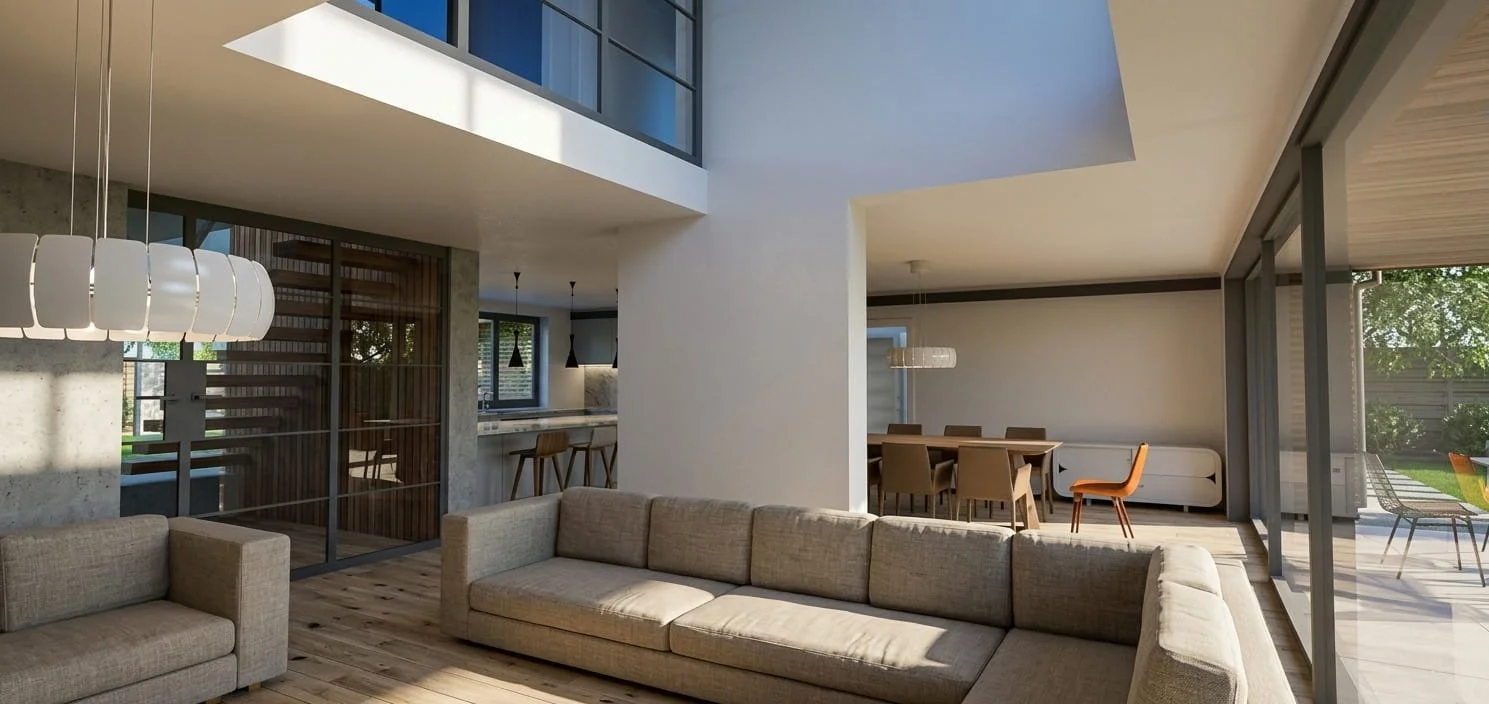 Modern open-concept living room and dining area with beige sofas, wooden dining table with chairs, large windows, and sliding glass doors leading to patio furniture outside.