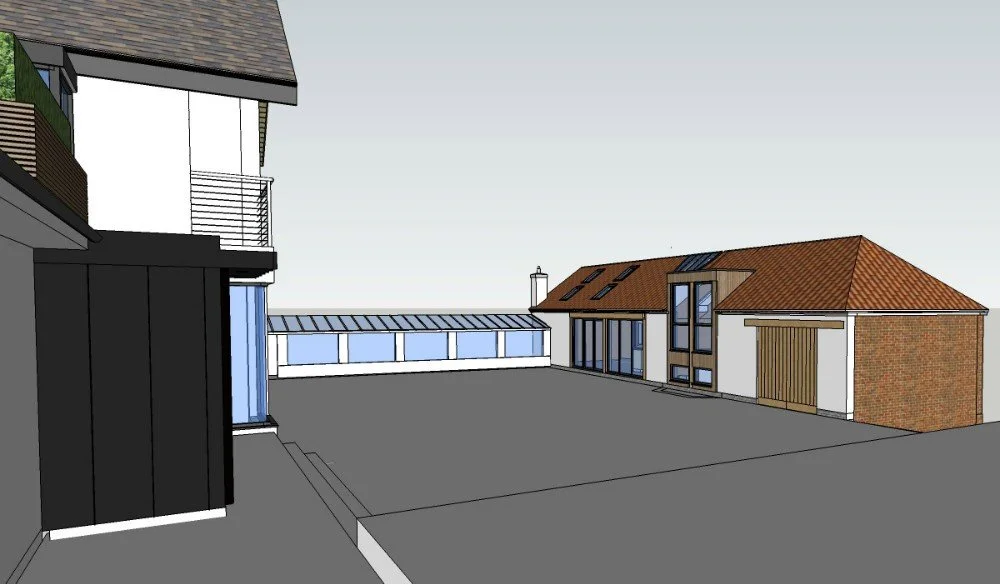 A digital architectural rendering of a modern residential property, including a driveway, a multi-story house with balconies, extensive windows, a garage with a wooden door, and a separate building with a sloped roof and brick chimney.