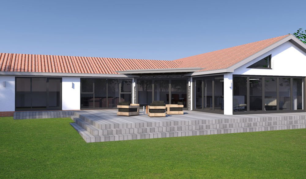 Modern house with a red-tiled roof, white exterior walls, large glass windows, and a raised outdoor patio with steps leading down to a grassy yard.