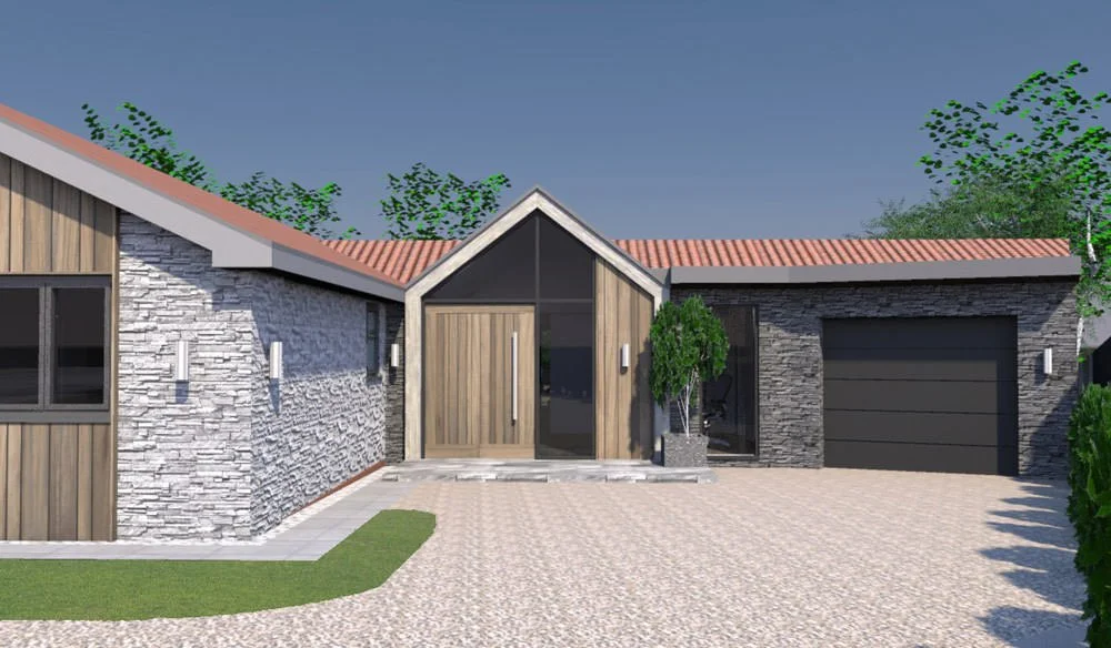 Modern house with stone and wood exterior, a large driveway, and trees in the background.