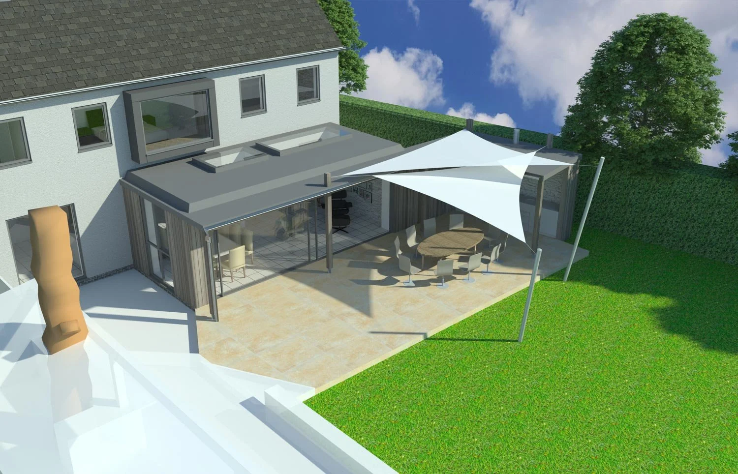 Rendering of a modern house's backyard patio with a glass extension, white sunshade, outdoor dining table with chairs, and green lawn surrounded by trees.