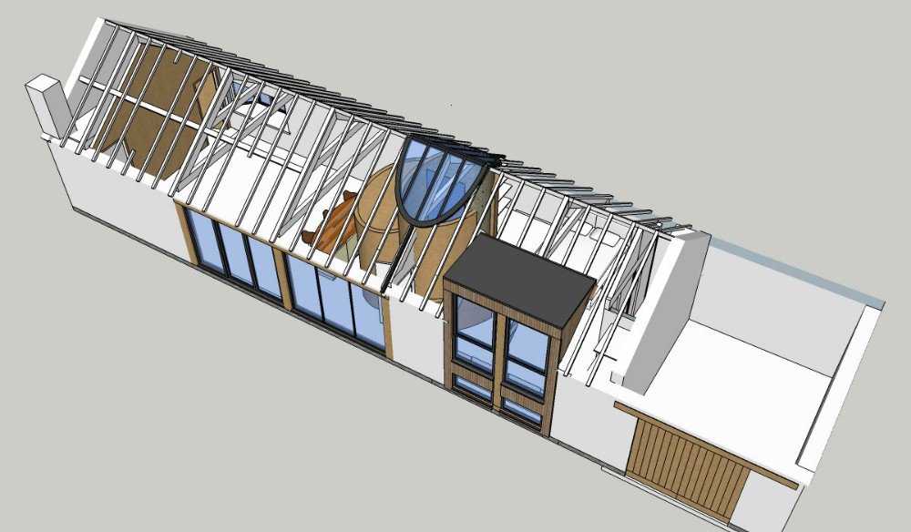 3D rendering of a building under construction with exposed steel framing, large windows, and a rooftop area.